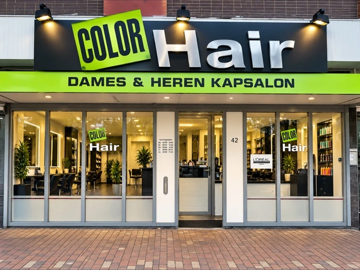Bewerkte sfeerfoto van de gevel van Color Hair aan Bevrijdingsplein 42 in Leiden